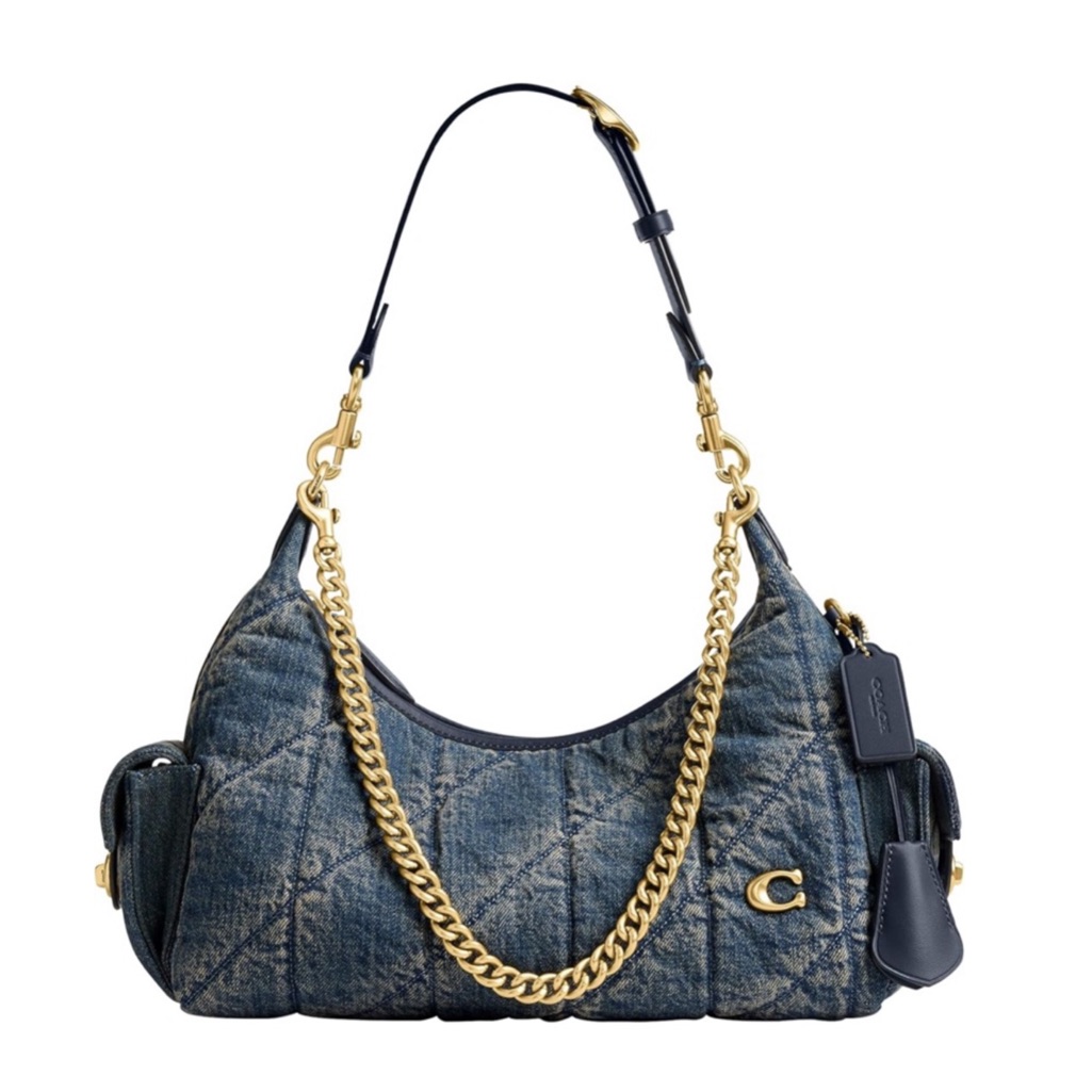 New Coach Quilted Denim Pocket Juliet Shoulder Bag 30 With Gold Chain